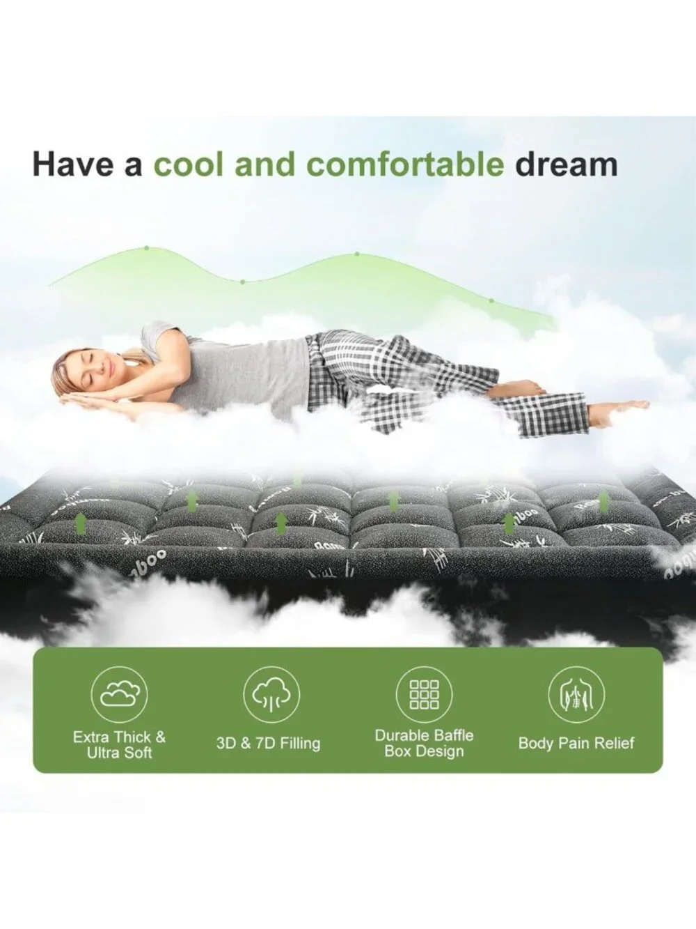 Queen Mattress Topper - Soft Bamboo Pillow Top, Cooling Pad for Back Pain, Deep